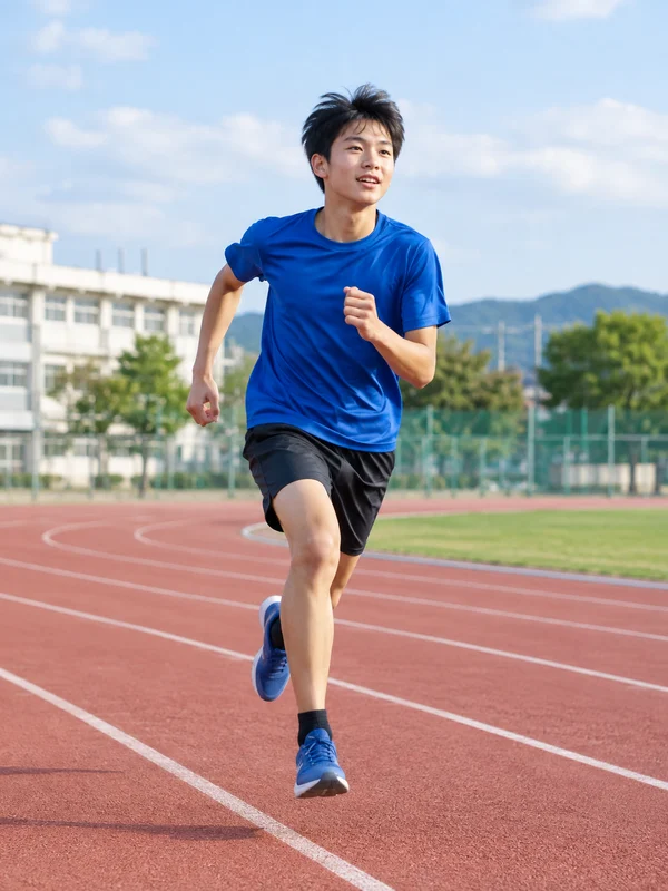 陸上トラックを走る日本人の男子中学生のAIイメージ