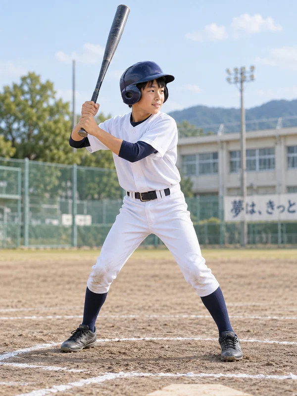 打席でバットを構える日本人の男子中学生のAIイメージ