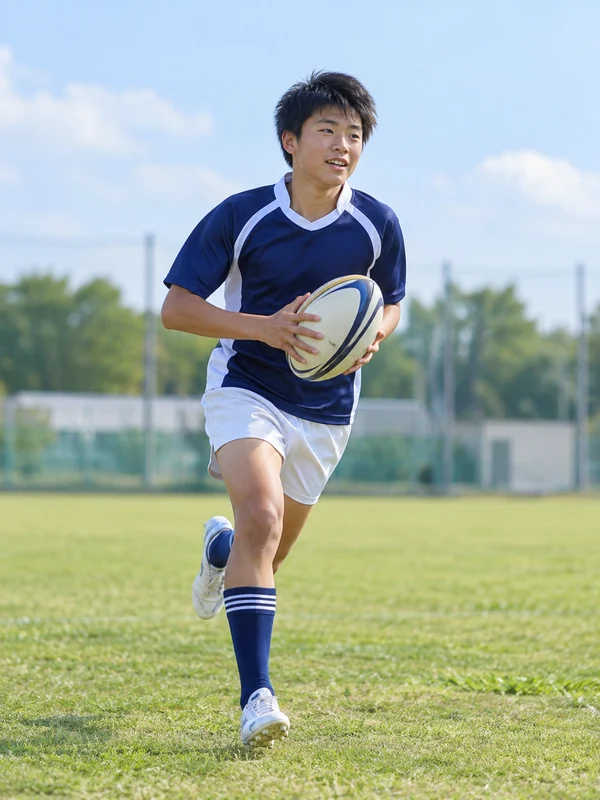 ラグビーボールを持って走る日本人の男子中学生のAIイメージ