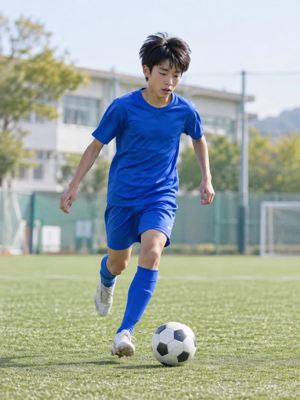 サッカーボールをドリブルする日本人の男子中学生のAIイメージ